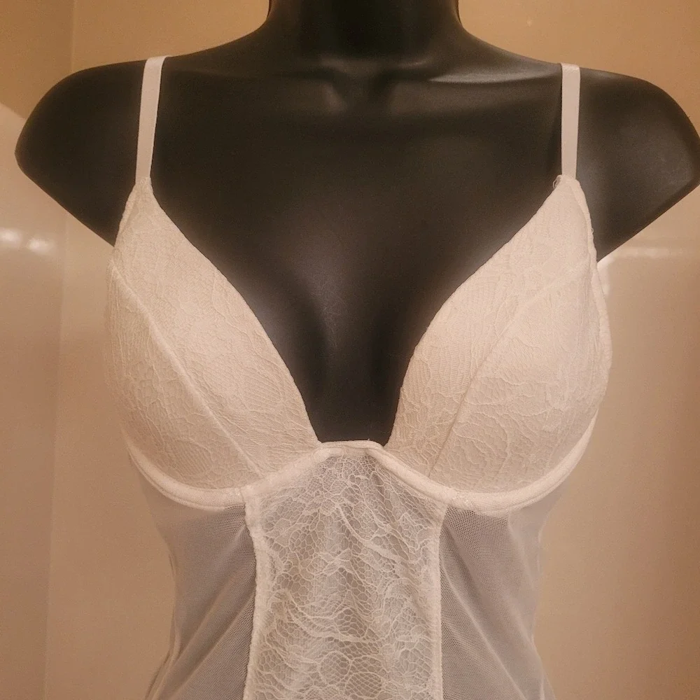 Vintage Cream Lace Mesh Corset Back Chemise Garter Slip Underwire Lingerie‎ - Picture 5 of 7